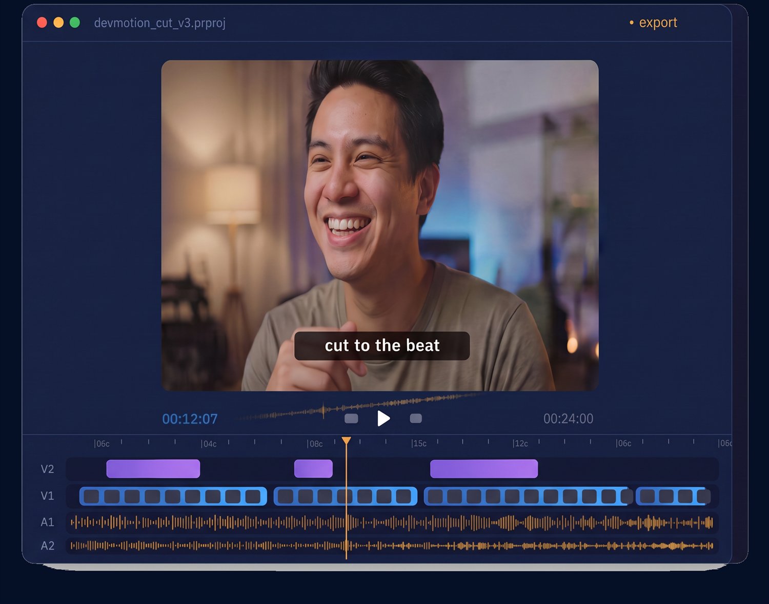 A video editing suite showing a creator on the preview screen with a 'cut to the beat' caption, above a timeline with video, graphics and audio tracks