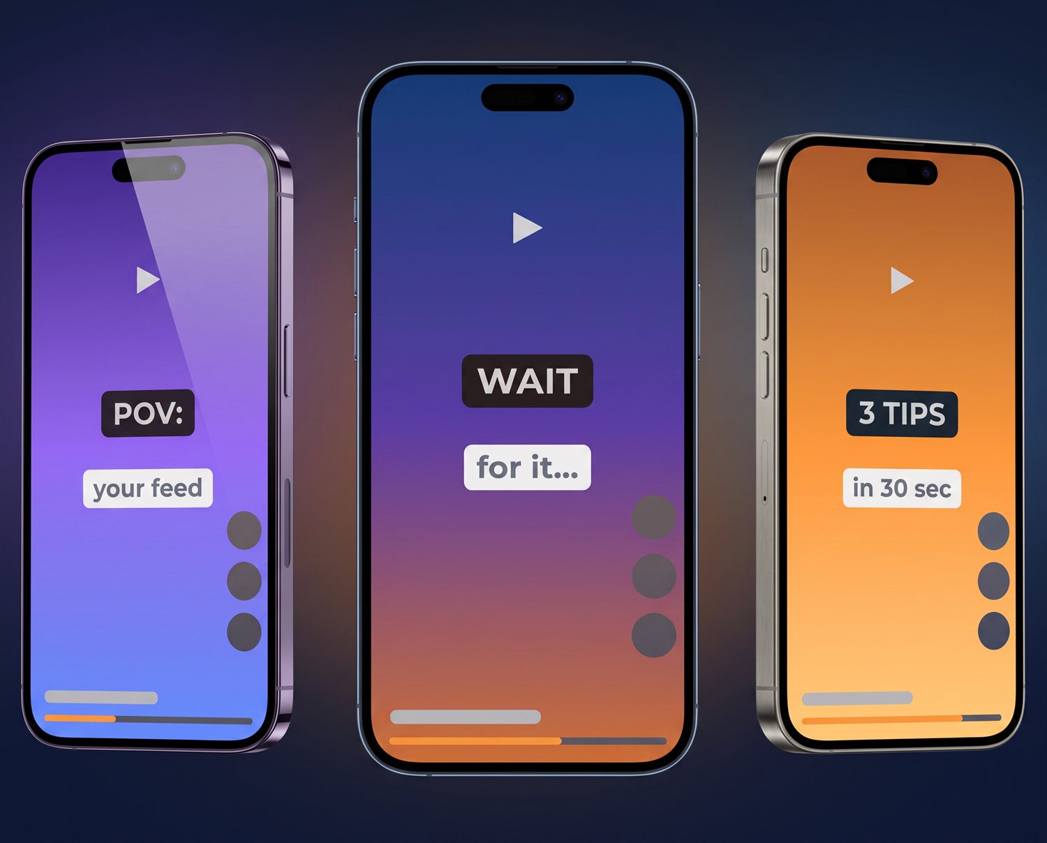 Three phones showing short-form video edits with captions